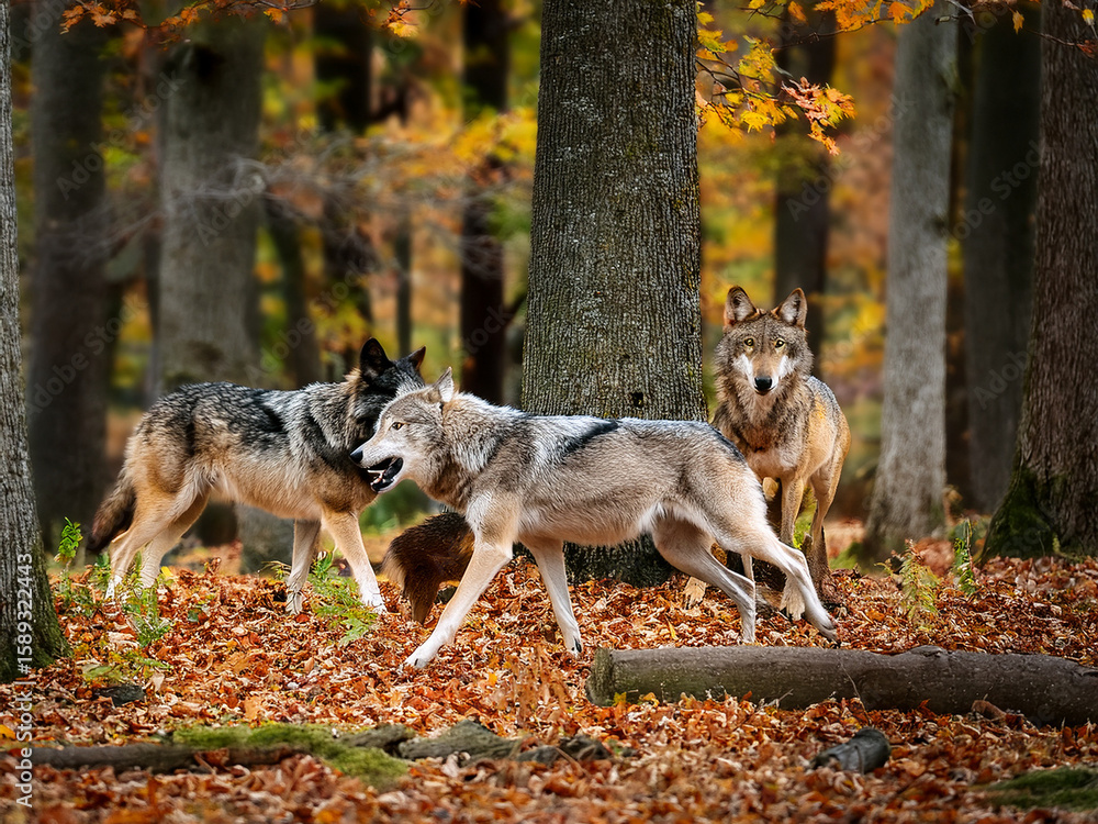 Obraz premium Wild wolves in seasonal forest with fallen leaves and vibrant tree canopy 