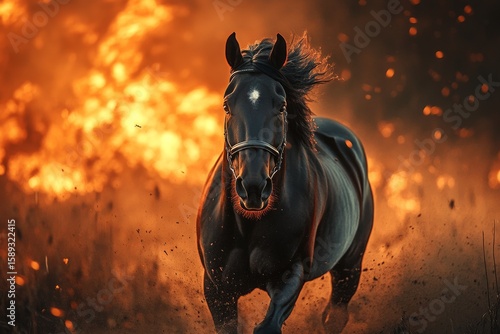 Black Horse Galloping Through Flames in Dramatic Twilight Setting.