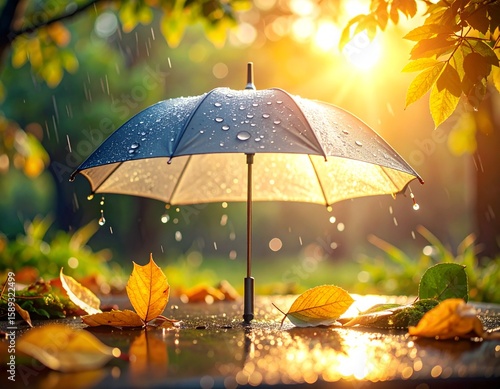 Regnerischer Sommertag – Sonnenlicht trifft auf Regentropfen und Herbstlaub