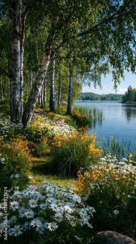 Tranquil Lakeside View With Birch Trees and Blooming Flowers in Bright Daylight