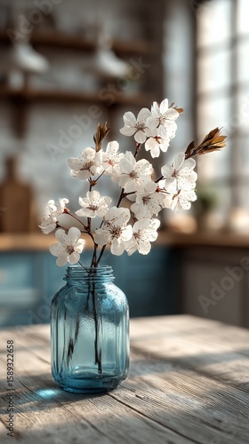 Cherry Blossoms in a Blue Vase on a Wooden Table in a Bright Kitchen