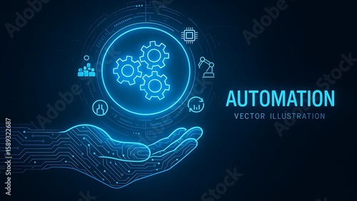 Futuristic hand holding digital automation icons with gears and circuits