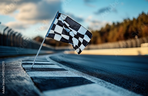 Checkered Flag Positioned at Racetrack Signaling End of Race During Afternoon...