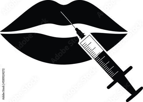 Vector Lips Outline with Syringe: Cosmetic Injection for Plumpness.