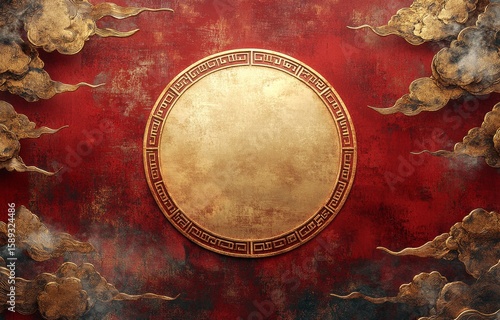 Red Background With Golden Frame and Decorative Clouds for Artistic Design