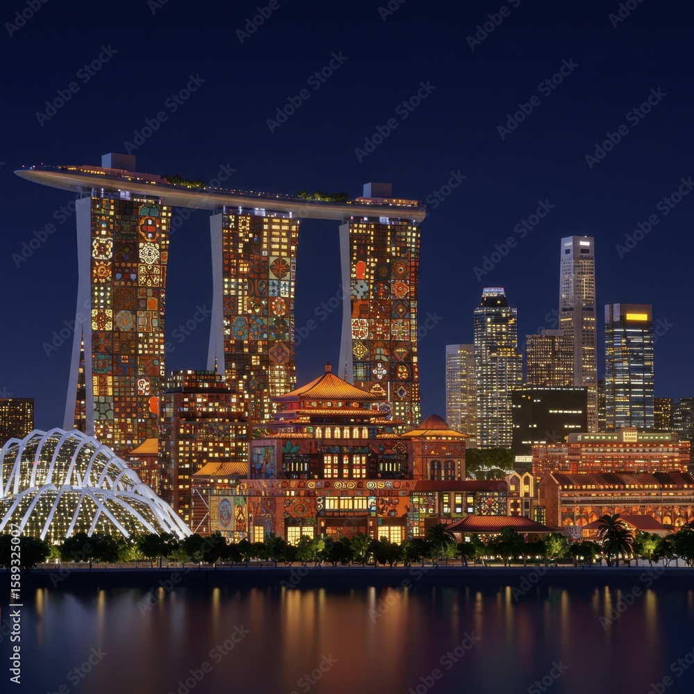 Fototapeta premium Night View of Marina Bay Sands Singapore Illuminated with Festive Decor