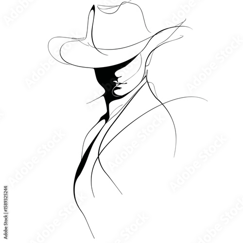 Man in a bowler hat illustrated in negative space monoline minimalist style  