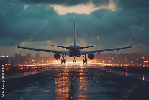 Aircraft Landing at Sunset With Dramatic Clouds Illuminating the Sky Above a ...