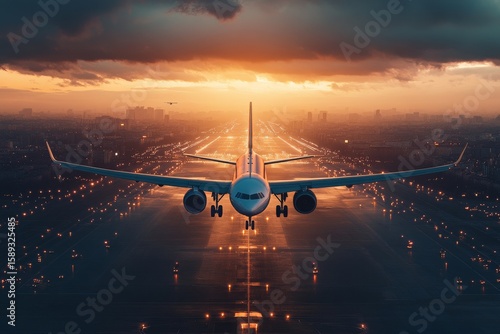 Airplane Preparing for Takeoff at Sunset on a Runway With Reflective Wet Pave...