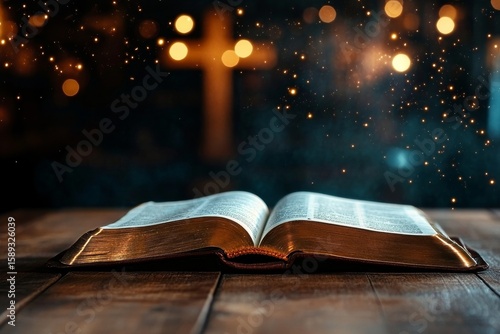 Open Book Resting on a Wooden Table With Glowing Lights and a Cross in the Ba...