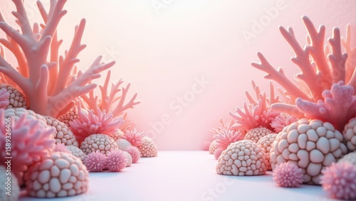 Pink coral reef scene in a light pastel background.