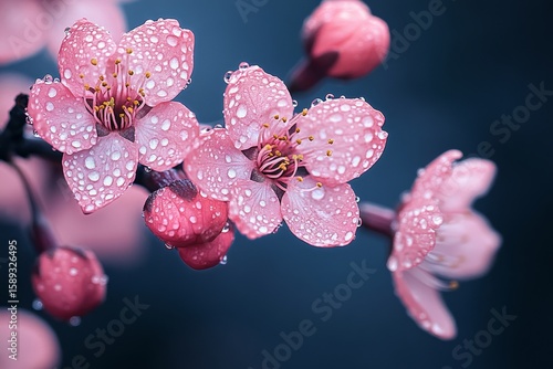 Delicate Pink Cherry Blossoms Covered in Water Droplets After a Refreshing Rain