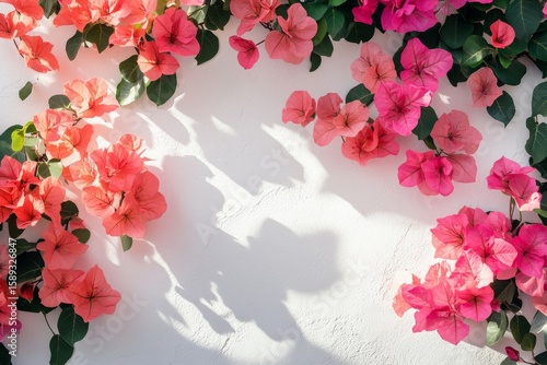 Colorful Bougainvillea Flowers Create a Vibrant Display on a White Wall Durin...