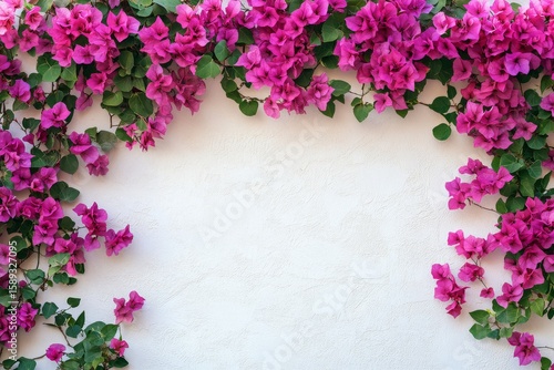 Colorful Bougainvillea Flowers Create a Vibrant Display on a White Wall Durin...