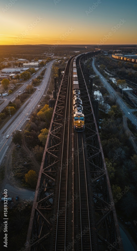 Fototapeta premium Train crossing a bridge at sunset