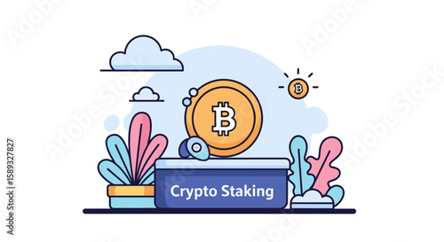 Crypto staking illustration with bitcoin coin and decorative elements