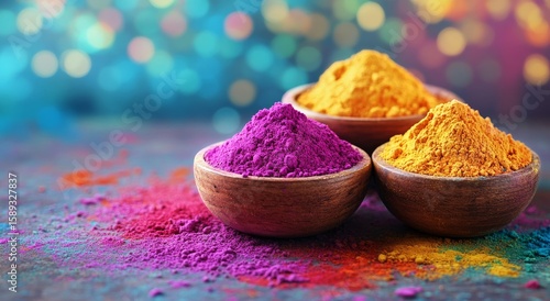 Colorful Powders Displayed in Wooden Bowls for Festival Celebration Atmosphere