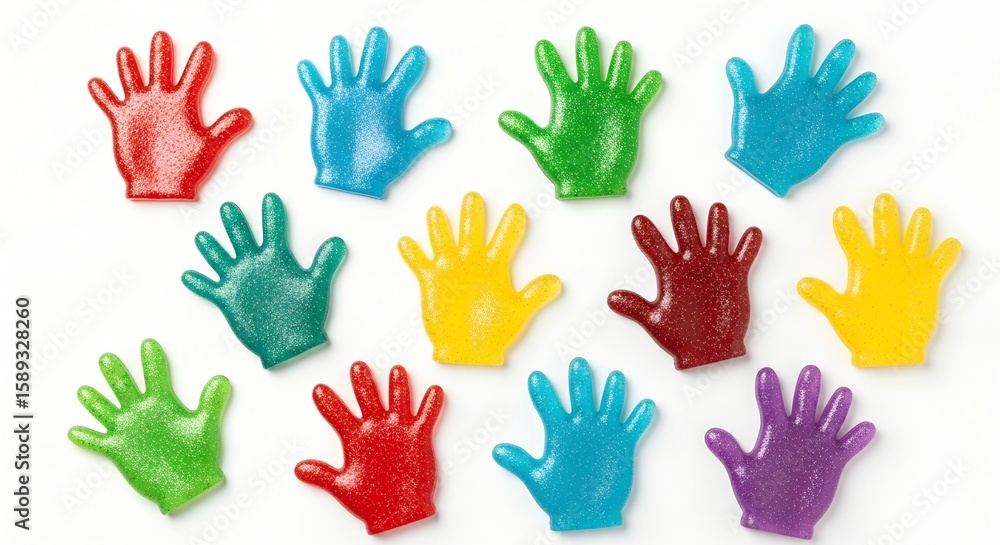 Fototapeta premium A close-up flat lay of colorful, glittery, translucent slappy hands against a bright white background, evoking nostalgia and playful joy as unique decor.