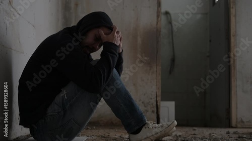 Asian man addict drug in the deserted place,A junkie feels alone in this world,Sad young man sitting in the corner of the room,People are stressed and have depression