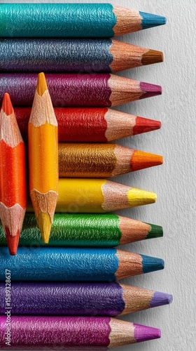 Colorful Assortment of Sharpened Colored Pencils Arranged on a Light Background.