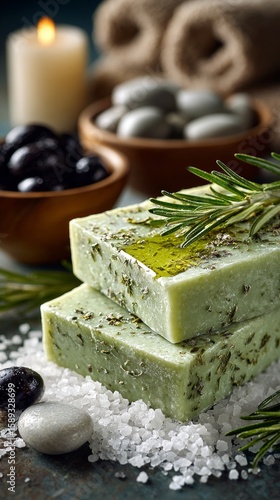 Natural Herbal Soap With Olive Oil and Rosemary Arranged Beautifully With Sto...