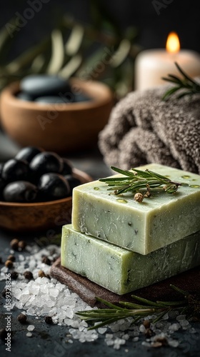 Homemade Herb Soap With Sea Salt and Olive Oil in a Cozy Spa Setting.