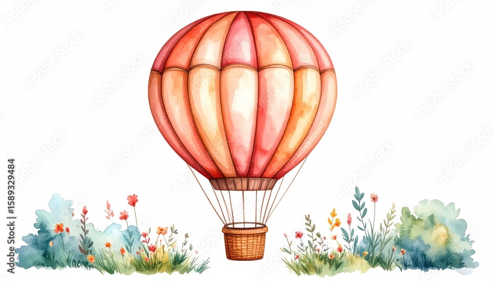 Fototapeta premium Watercolor illustration of a hot air balloon soaring above a field of flowers in a white background