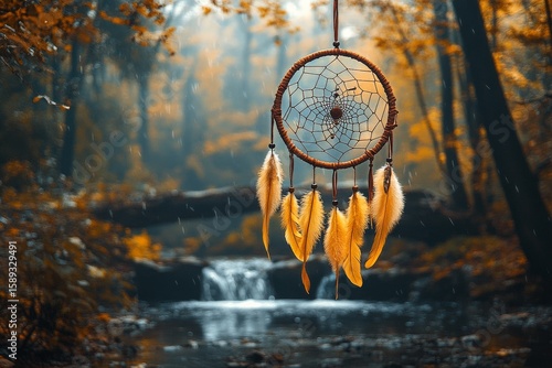 Dream Catcher Hangs Over Peaceful Stream in Autumn Forest Surrounded by Misty...