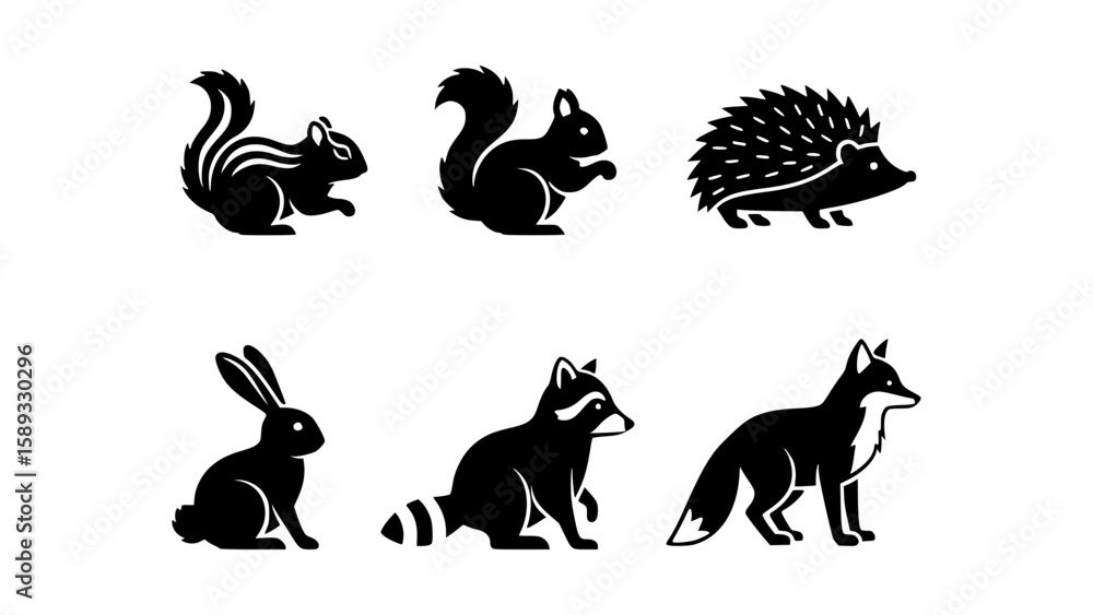 Fototapeta premium A collection of six adorable small woodland animal silhouettes presented in black and white