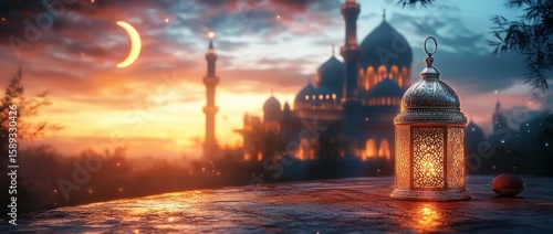 Enchanting Dusk Over a Mosque Lit by a Lantern Near a Crescent Moon.