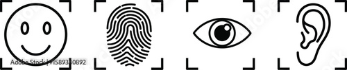 Biometric identification system presents a smiley face, fingerprint, eye, and ear icons representing access control and personal data security.
