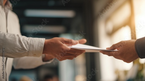 Closeup of hands exchanging document in business setting, professional office deal or agreement, corporate handshake symbolizing collaboration, trust, and transaction in workplace environment.