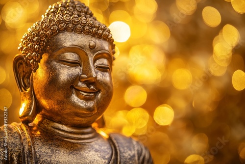 Serene Golden Buddha Statue Shines Amidst Sparkling Light Background in Tranq...