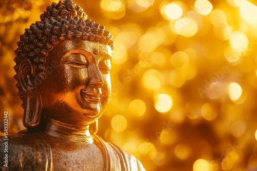 Serene Golden Buddha Statue Shines Amidst Sparkling Light Background in Tranq...