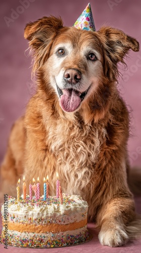 Happy Dog Celebrates Birthday With Colorful Cake and Candles in a Festive Set...