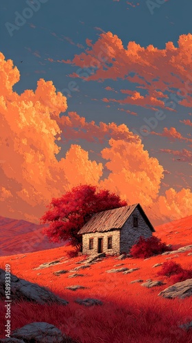 Vibrant Autumn Landscape With a Rustic House and Colorful Trees at Sunset