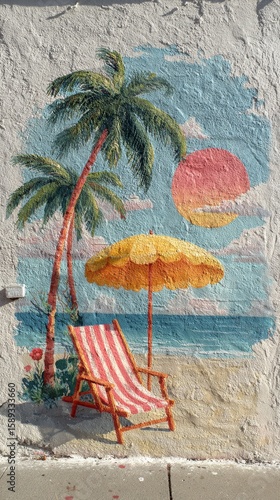 Relaxing Beach Scene With Colorful Umbrella and Chair Under the Sun at Sunset