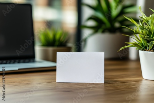 Blank Card on a Wooden Desk With a Laptop and a Potted Plant in a Modern Work...