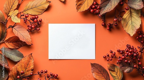 Colorful Autumn Leaves and Berries Frame a Blank Card on a Vibrant Orange Bac...