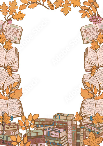 Autumn books illustration frame. Children school study background border with yellow foliage. Leaves fall design. Back to school season.