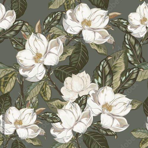 Fashion seamless floral pattern with white tropical magnolia flowers with leaves on vintage green background. Template design for textiles, interior, clothes, wallpaper. Botanical art, Vintage style