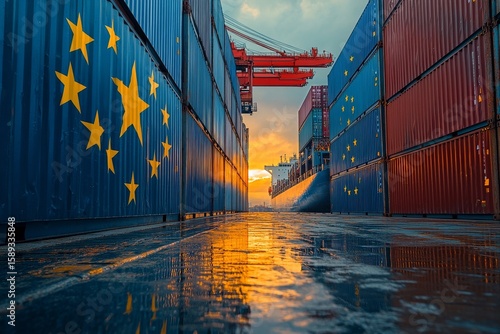 Sunset Glow Between Shipping Containers at a Busy Port With European Stars Vi...