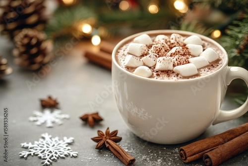 Warm Cup of Hot Chocolate With Marshmallows During Winter Festivities