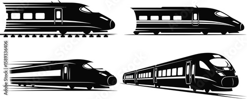 Sleek high speed trains set against a white backdrop convey the power and efficiency of modern rail travel, suitable for transport designs.