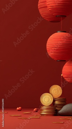 Celebratory Decorations for Cultural Festival Featuring Red Lanterns and Gold...