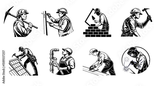 Isolated Silhouette Vector Art of Construction & Manual Labor Professions - Black and White Collection