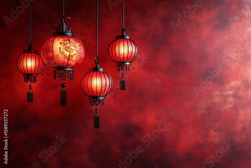 Elegant Red Lanterns Hanging Against a Textured Crimson Background in an Indo...