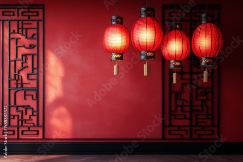 Elegant Red Lanterns Hanging Against a Textured Crimson Background in an Indo...