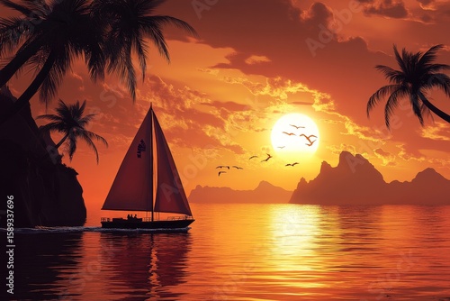 Sailing on Calm Waters During a Vibrant Sunset With Palm Trees in the Backgro...