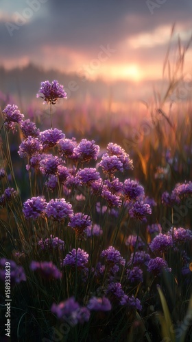 Vibrant Purple Flowers Blooming at Sunset in a Serene Landscape With Warm Hue...